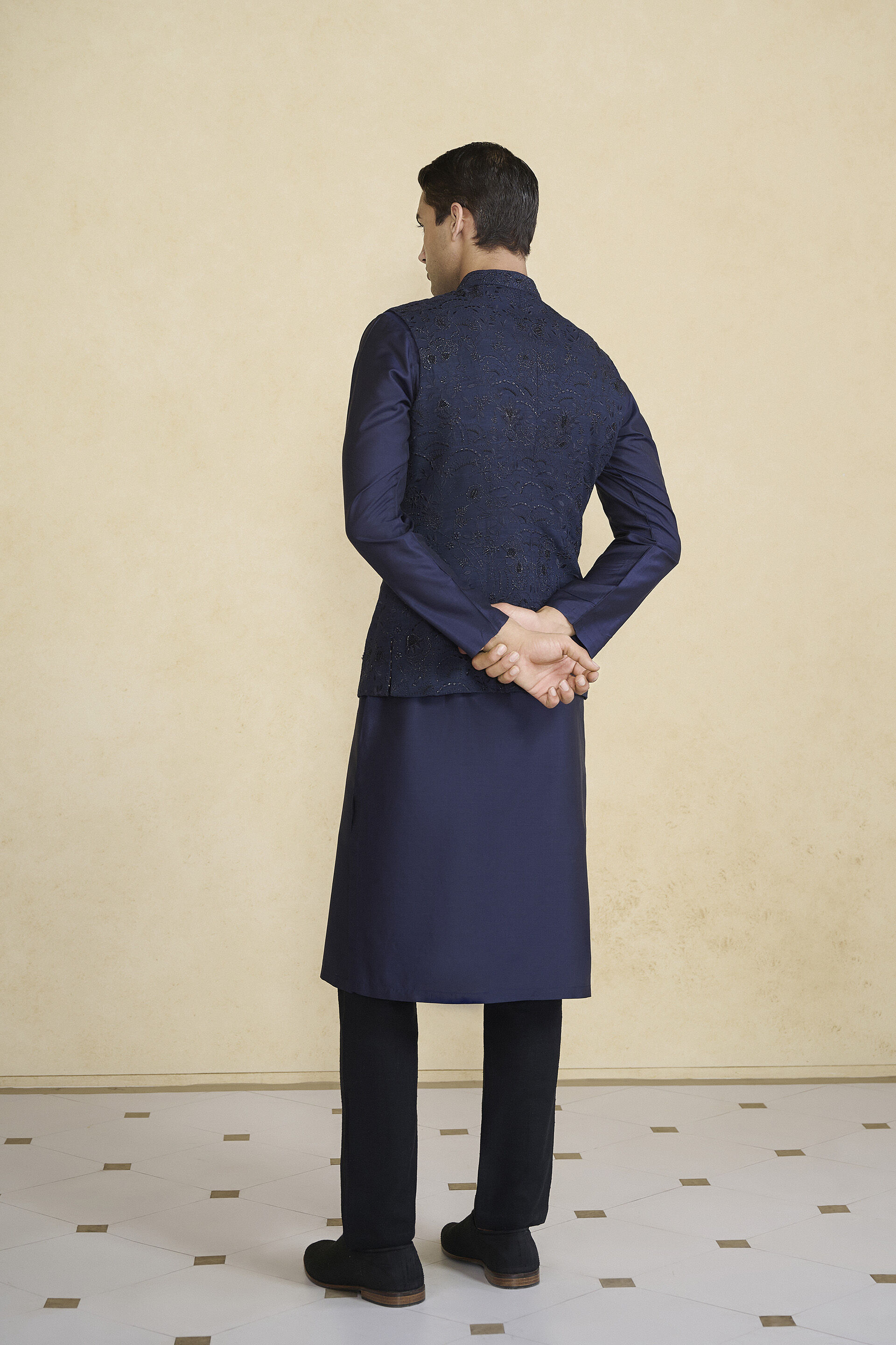Banshik Hand-embroidered Silk Nehru Jacket - Navy